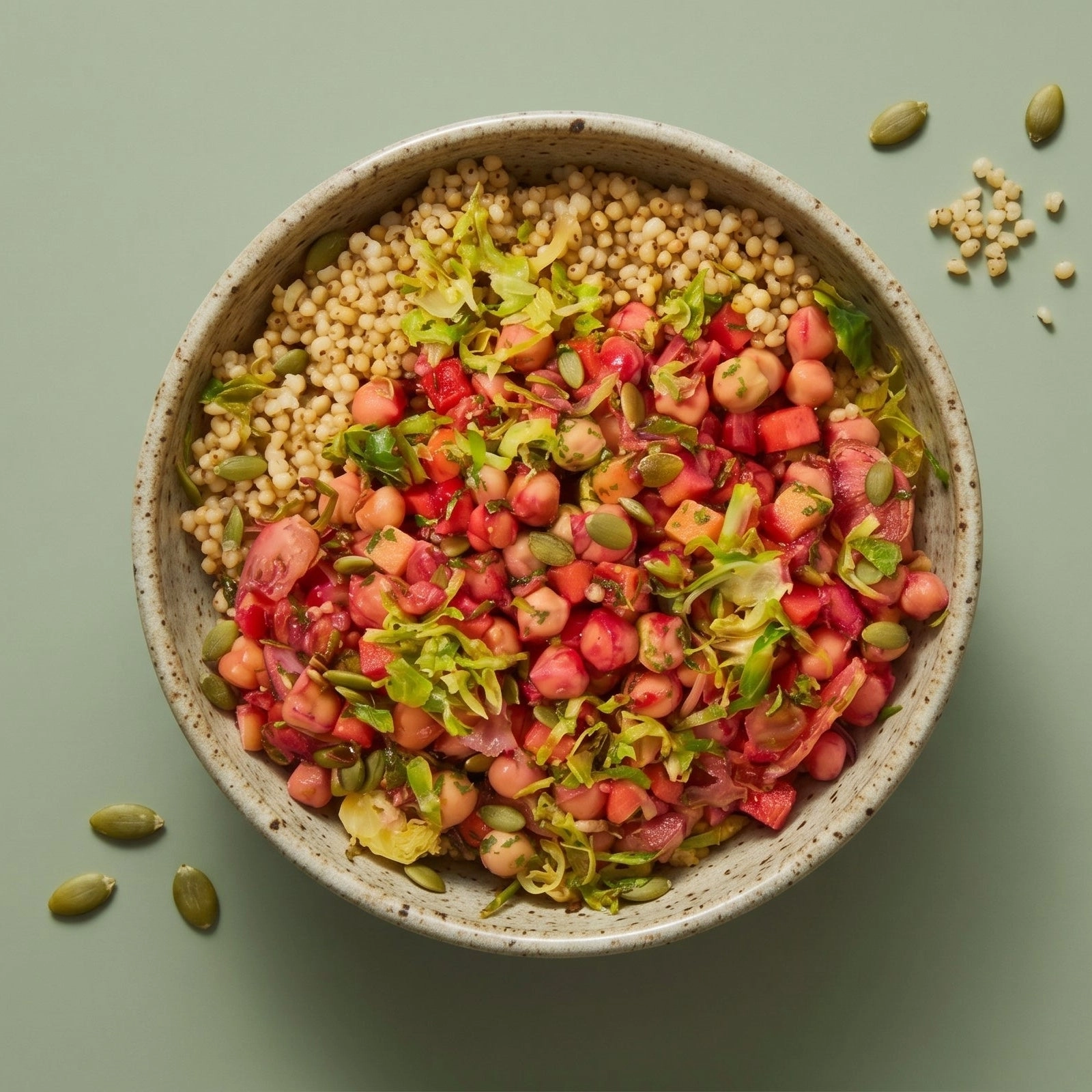 Beet glow bowl with chickpeas and brussels sprouts, seen from above